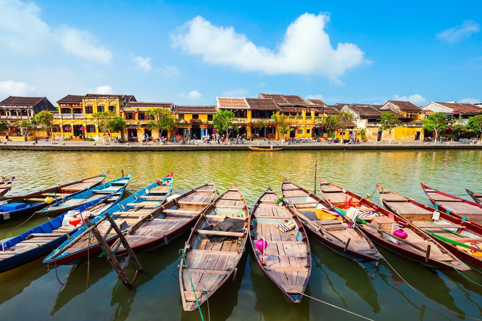 Fishing boats at the riverfront of Hoi An ancient town in Quang Nam Province of Vietnam