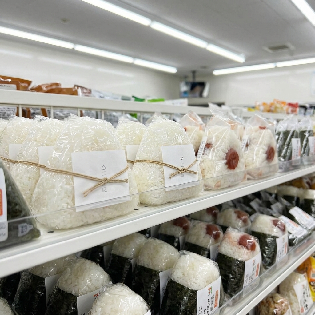 便利商店貨架上排列整齊的御飯糰,特寫「梅」和「塩」口味