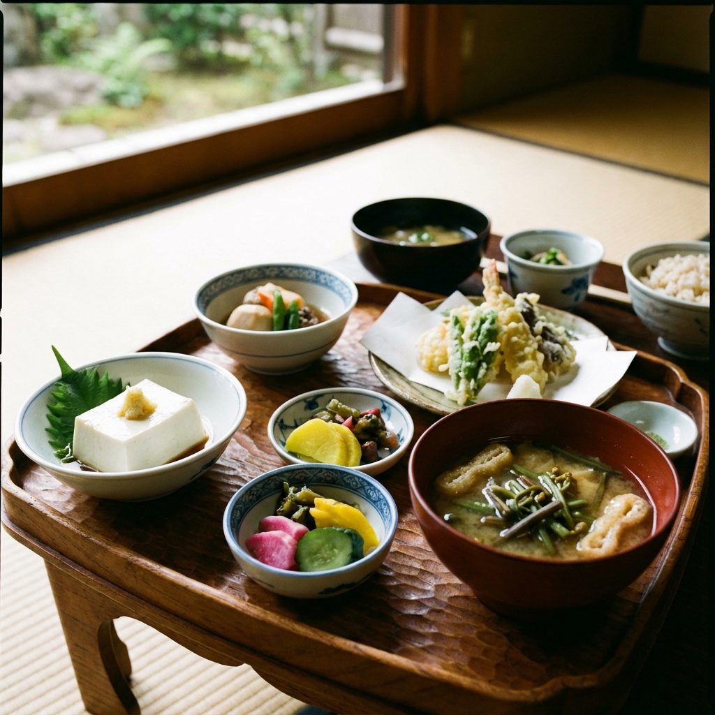 精緻的日本精進料理套餐，擺盤優美，有豆腐、漬物、味噌湯