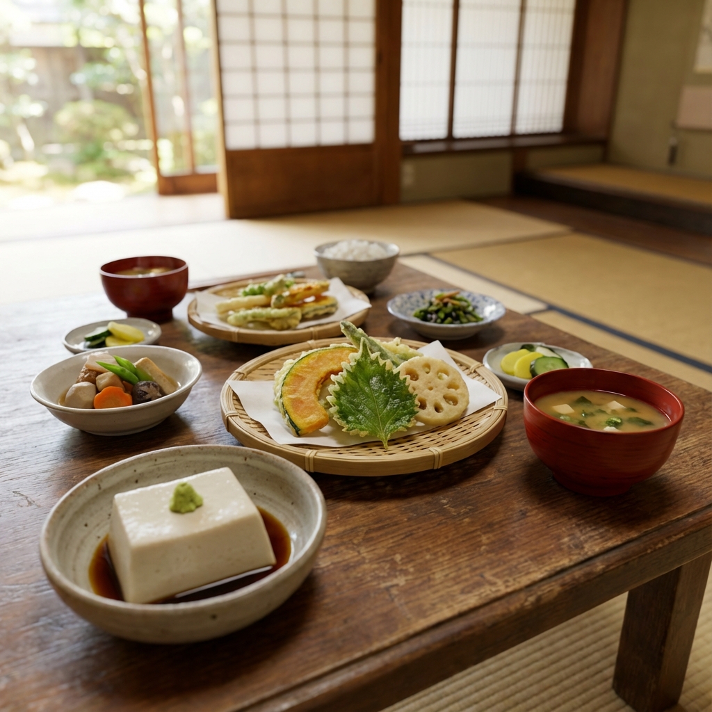 精緻的精進料理擺盤,包含胡麻豆腐、季節時蔬,背景是日式塌塌米