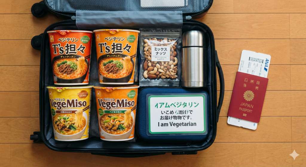 日本素食行李清單: 行李箱內整齊擺放著素食泡麵、堅果、保溫瓶與素食小卡,旁邊是護照與機票