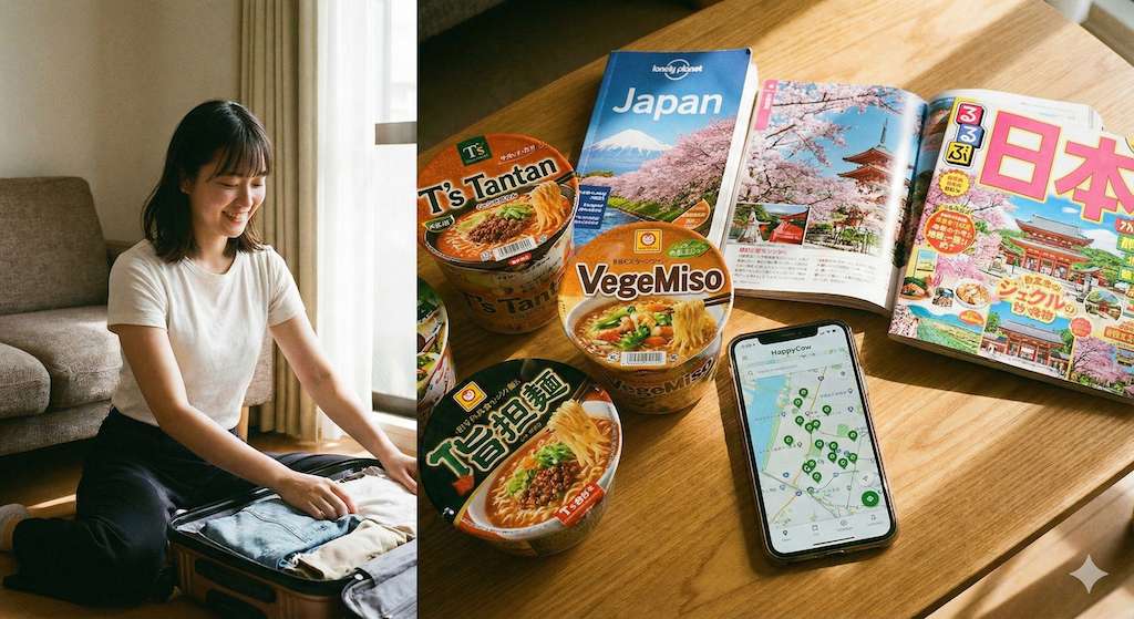 日本素食旅遊準備: 一位女生在家中整理行李,桌上放著素食泡麵、手機顯示 HappyCow App,背景是日本旅遊指南