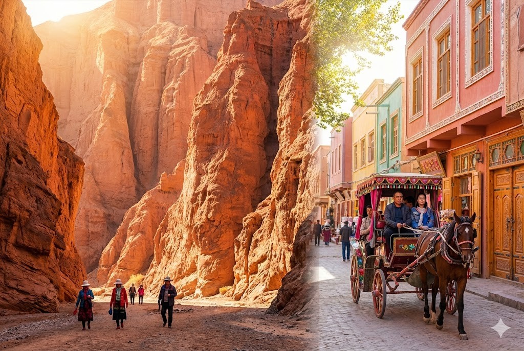 D5 庫車【庫車大峽谷（天山神秘大峽谷）、熱斯坦老街(體驗乘坐馬車遊老街、熱斯坦老街咖啡館下午茶、熱斯坦老街橋頭夜市)】